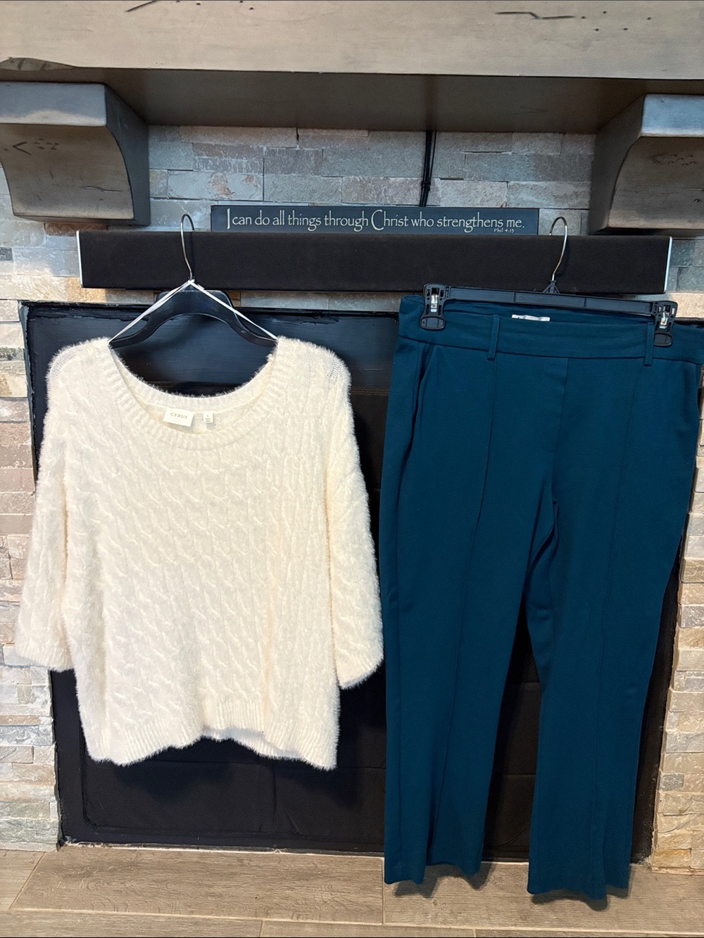 Cyrus Cream Knit Sweater with Teal Tailored Trousers